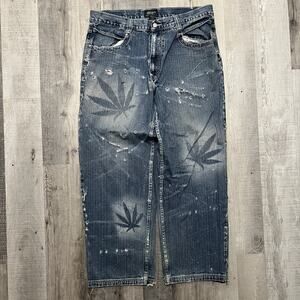 VTG GiGo Baggy Y2K Pot Leaf Jeans Distressed Denim Wide Leg Hip Hop Skater 38